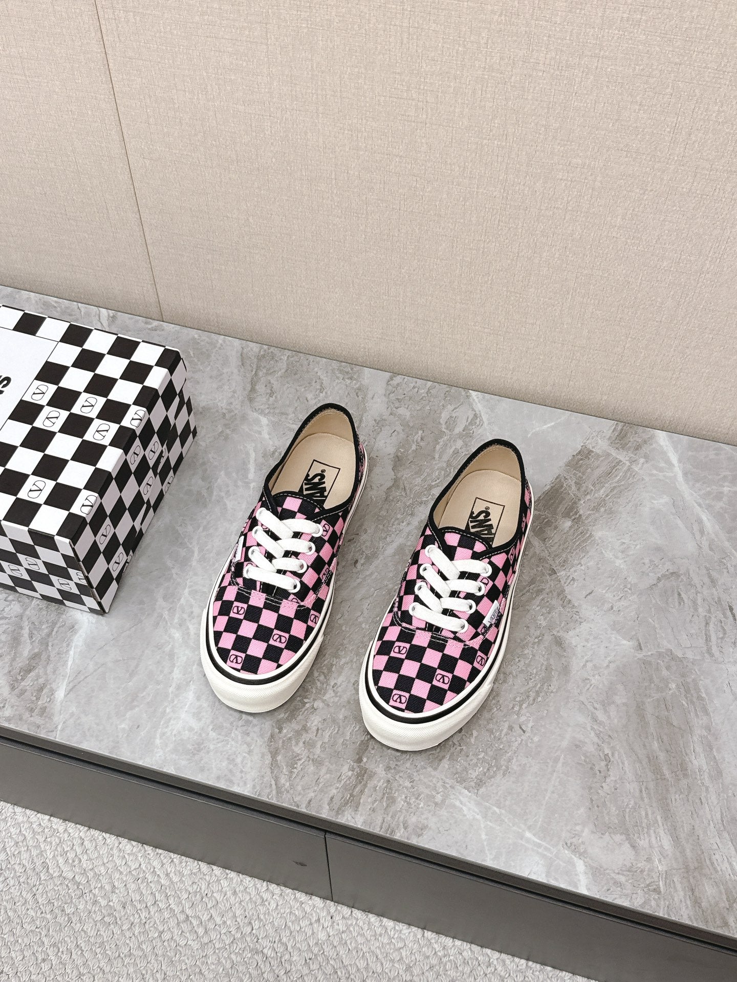 VALENTINO 25S GARAVANI X VANS SNEAKERS IN PINK MIX BLACK CANVAS - 35