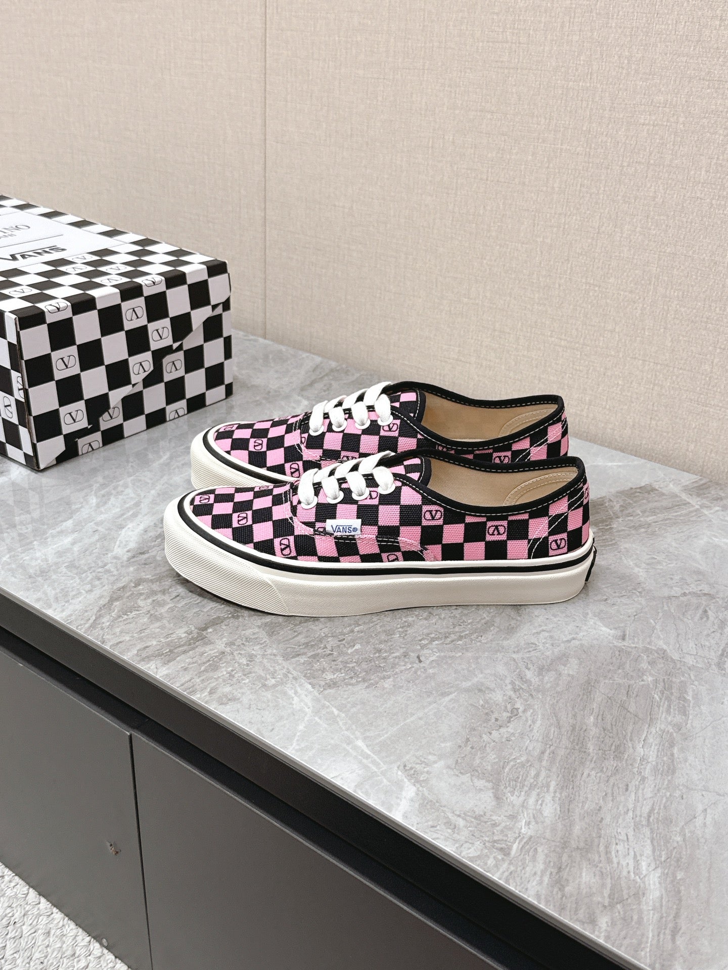 VALENTINO 25S GARAVANI X VANS SNEAKERS IN PINK MIX BLACK CANVAS - 35