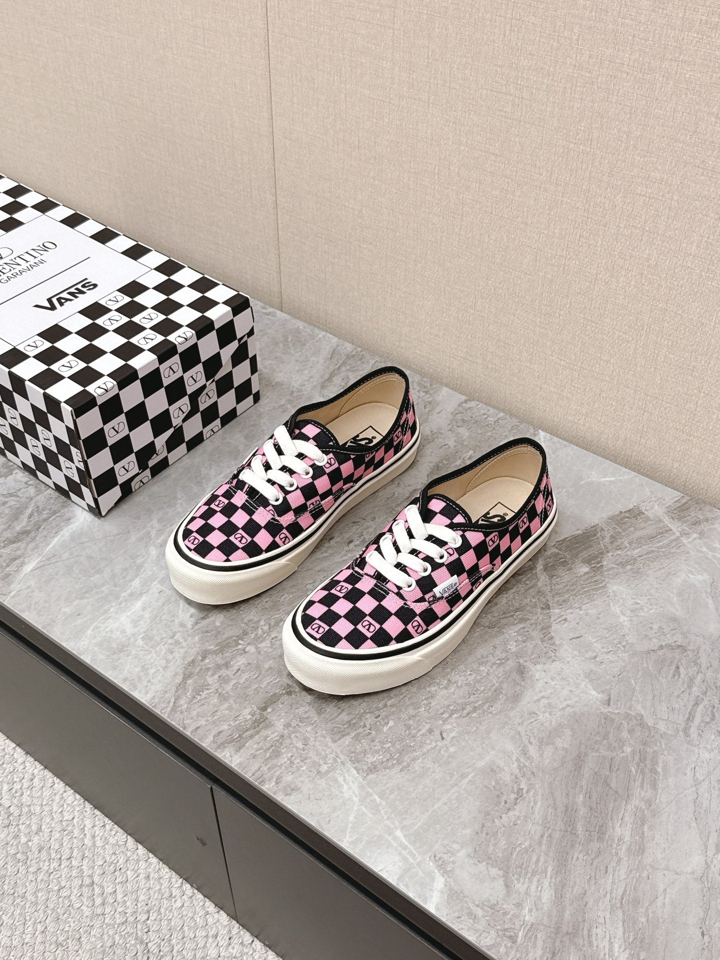 VALENTINO 25S GARAVANI X VANS SNEAKERS IN PINK MIX BLACK CANVAS - 35