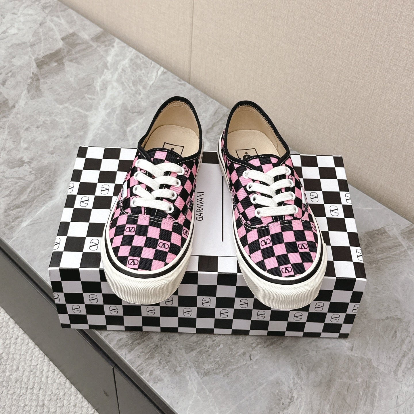 VALENTINO 25S GARAVANI X VANS SNEAKERS IN PINK MIX BLACK CANVAS - 35