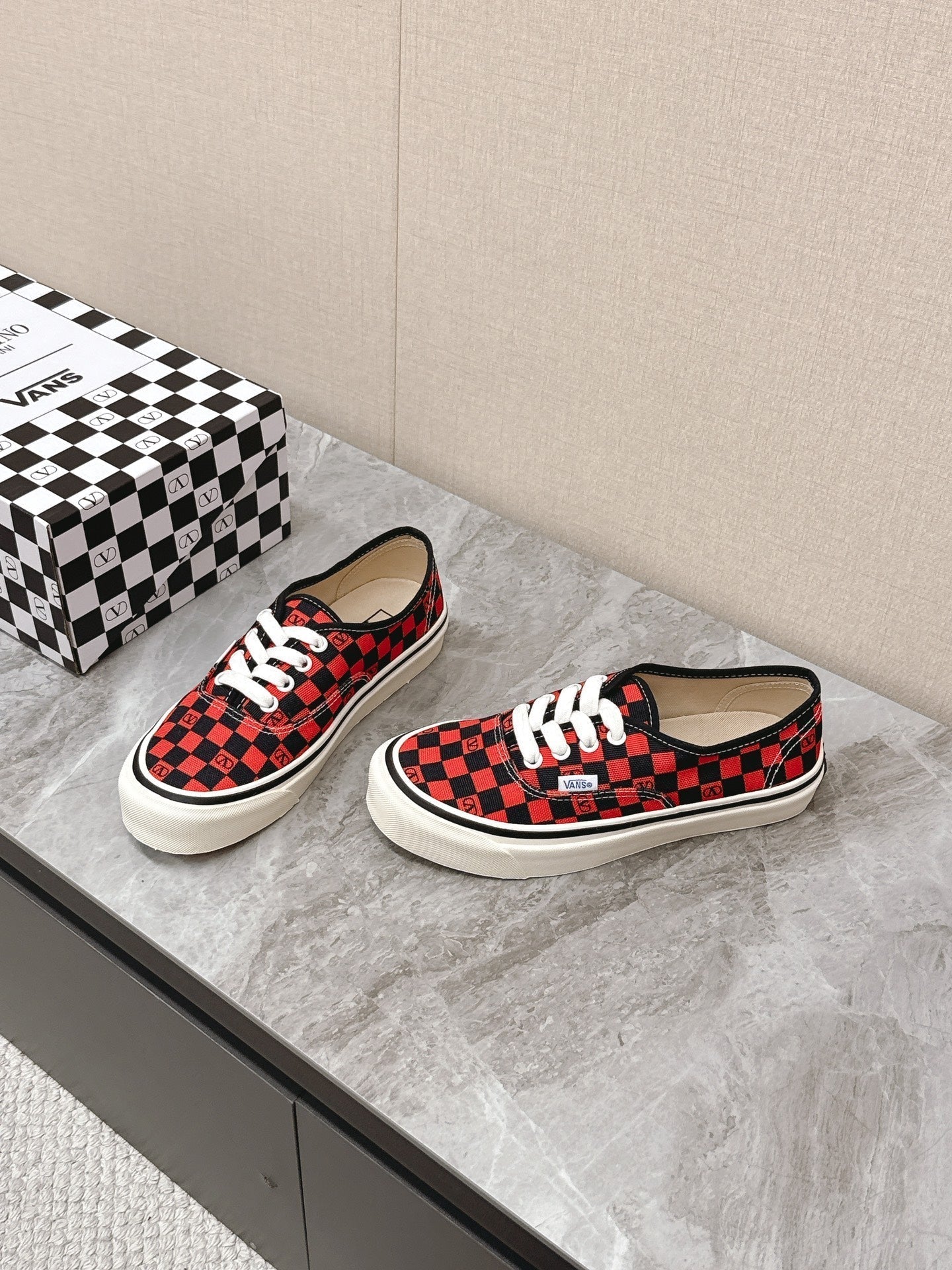 VALENTINO 25S GARAVANI X VANS SNEAKERS IN RED MIX BLACK CANVAS - 35