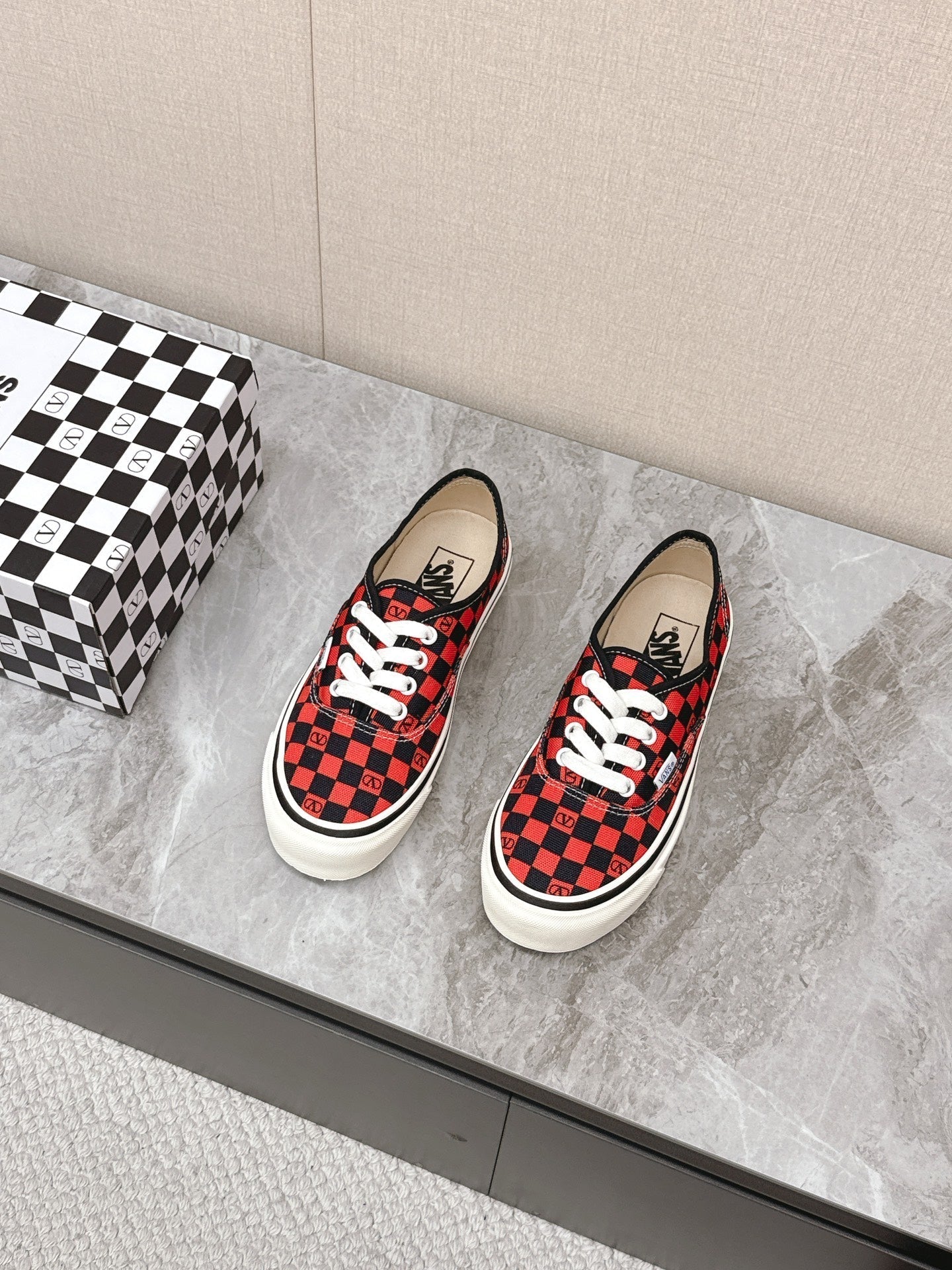 VALENTINO 25S GARAVANI X VANS SNEAKERS IN RED MIX BLACK CANVAS - 35