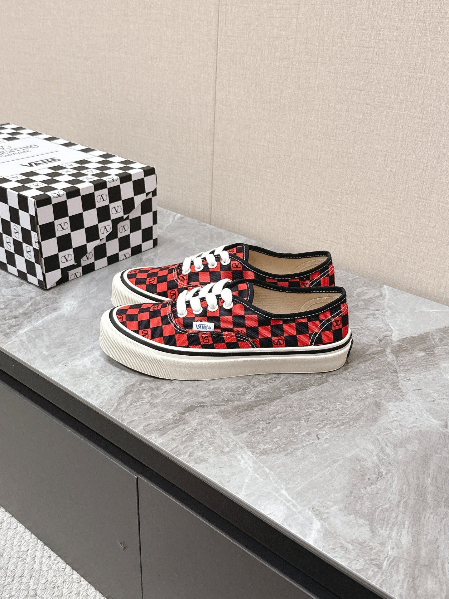 VALENTINO 25S GARAVANI X VANS SNEAKERS IN RED MIX BLACK CANVAS - 35