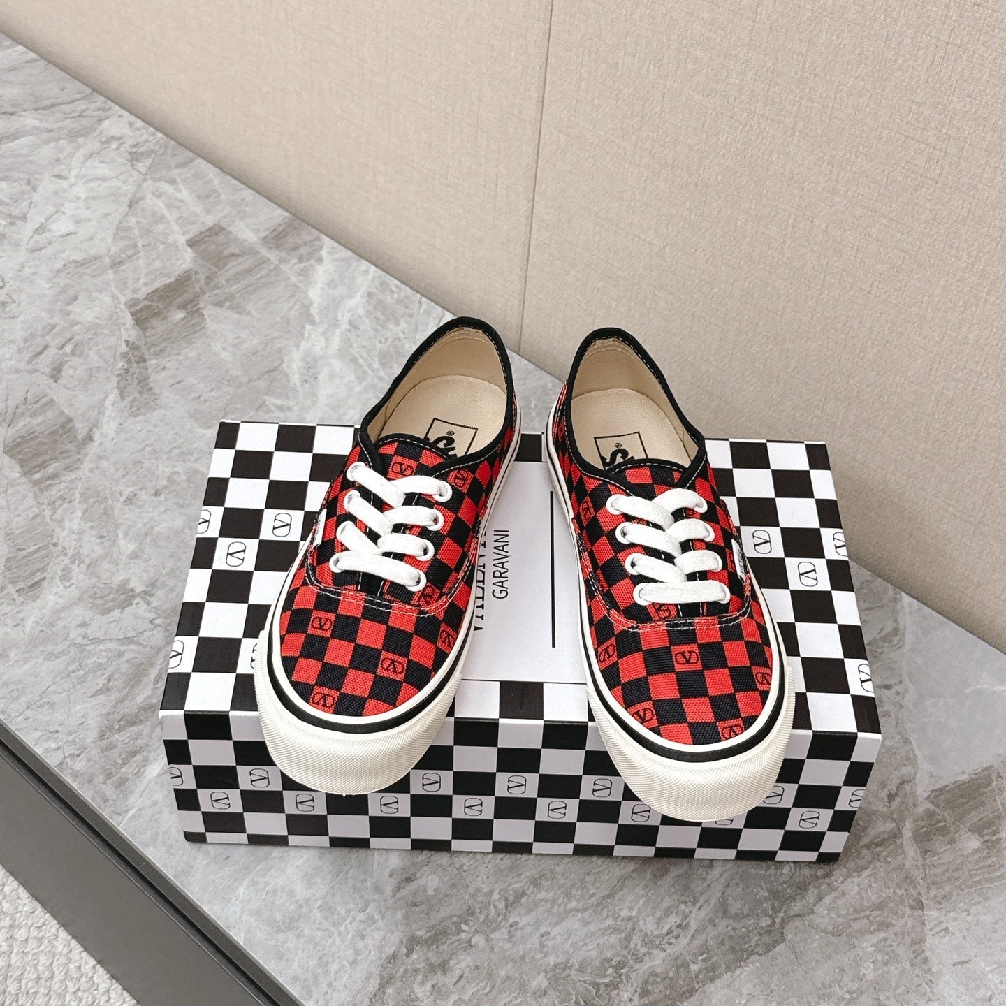VALENTINO 25S GARAVANI X VANS SNEAKERS IN RED MIX BLACK CANVAS - 35