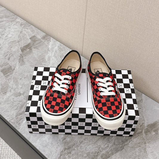 VALENTINO 25S GARAVANI X VANS SNEAKERS IN RED MIX BLACK CANVAS - 35