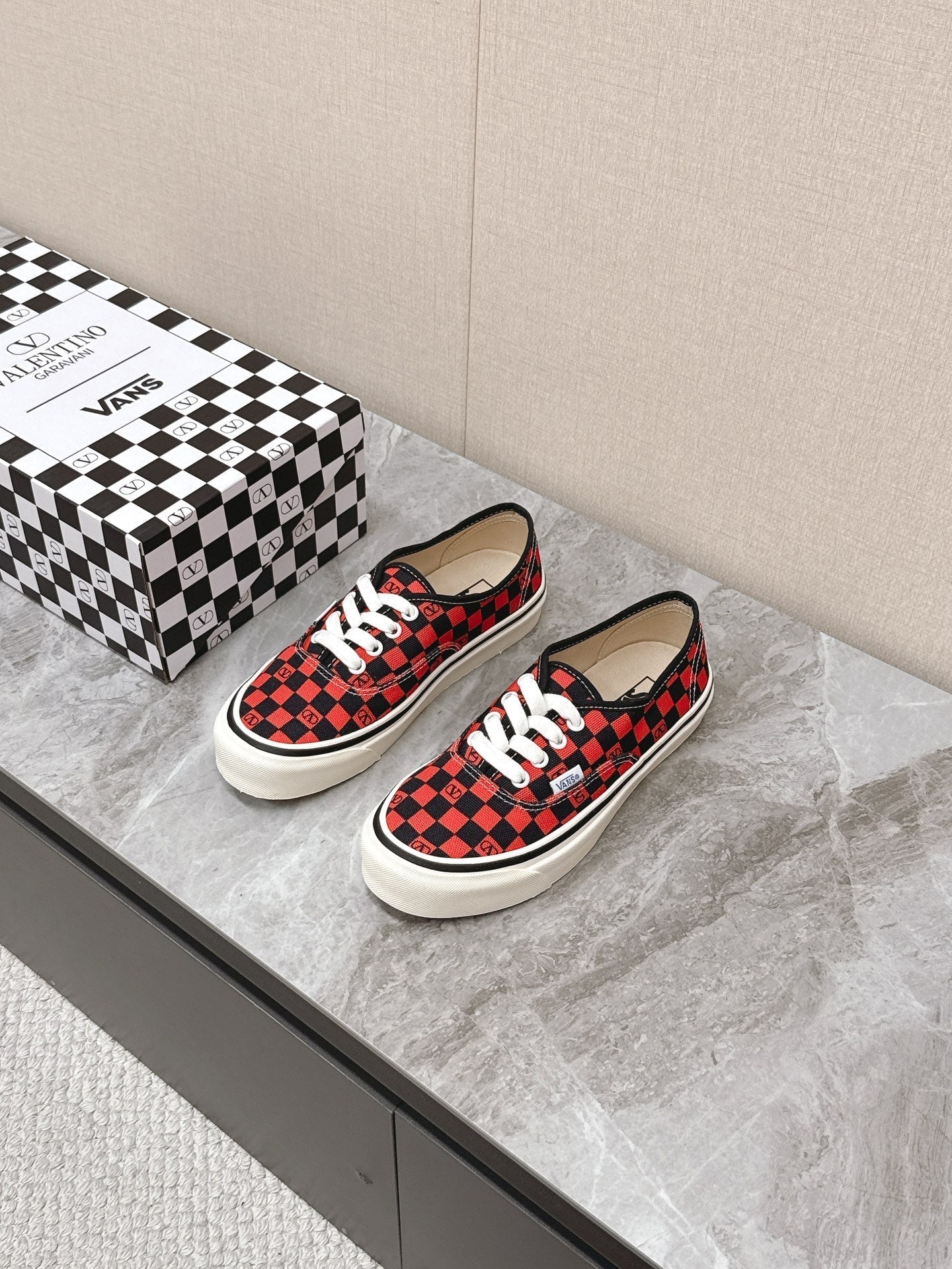VALENTINO 25S GARAVANI X VANS SNEAKERS IN RED MIX BLACK CANVAS - 35