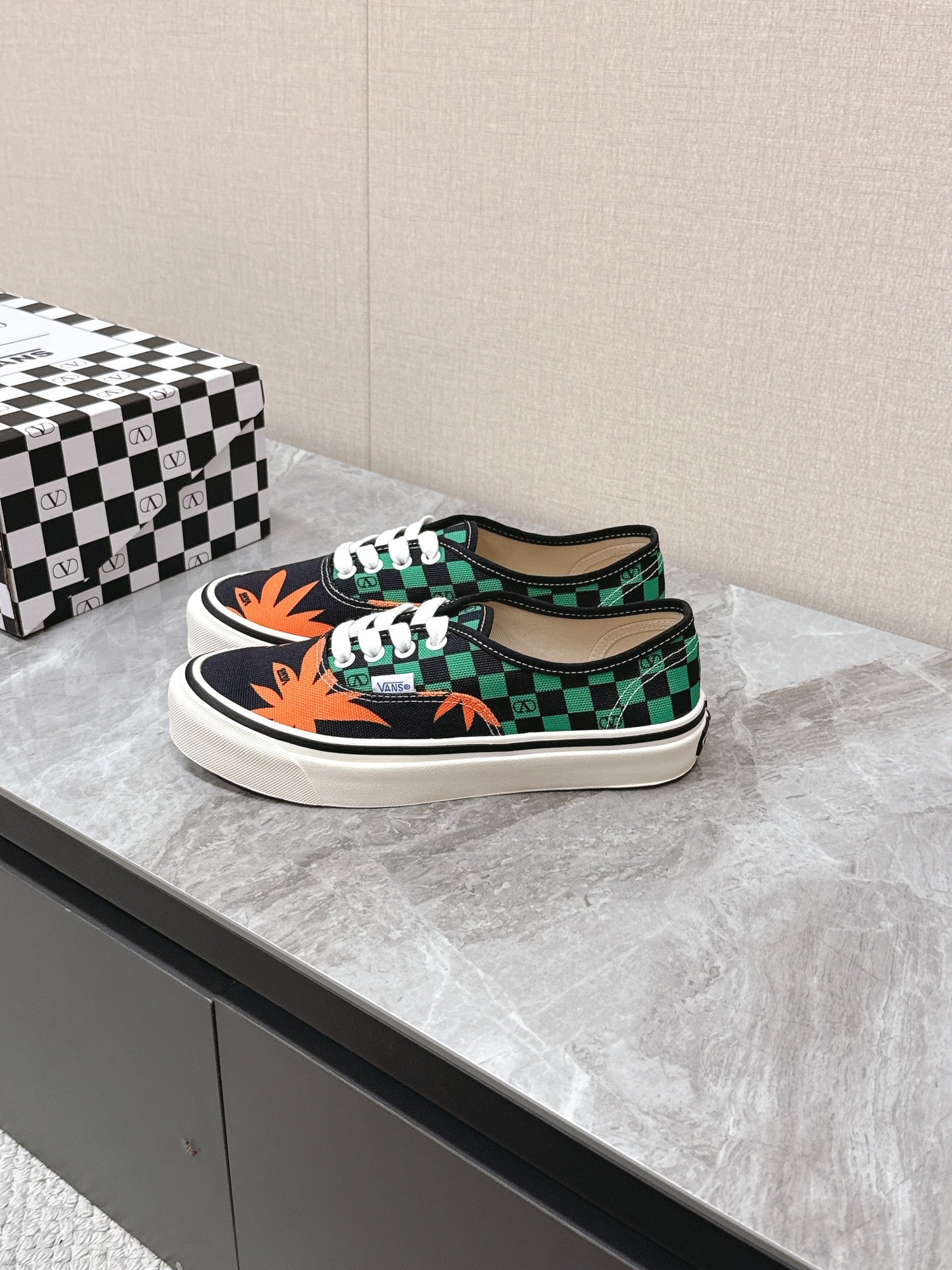 VALENTINO 25S GARAVANI X VANS SNEAKERS IN GREEN MIX BLACK CANVAS - 35