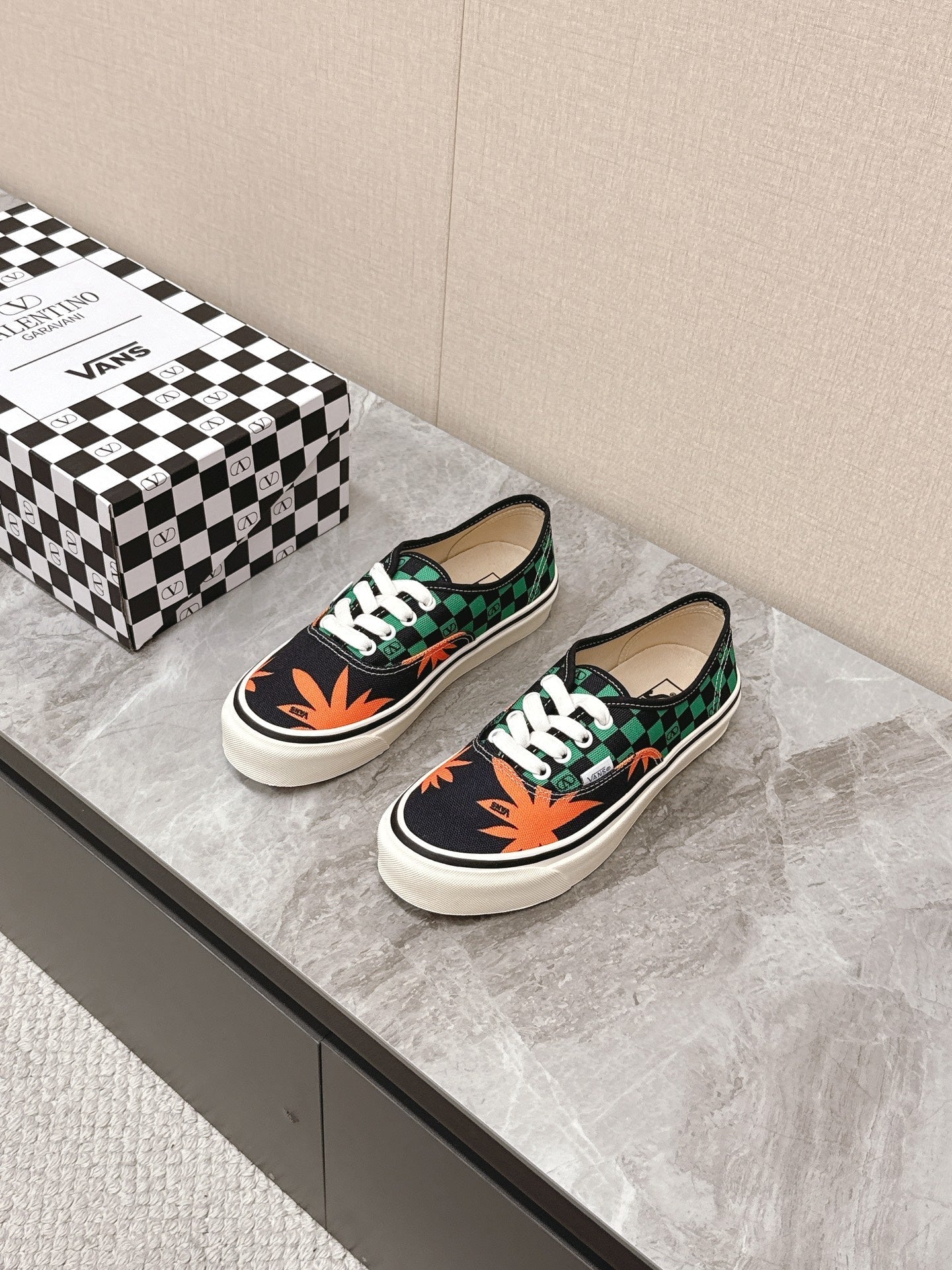 VALENTINO 25S GARAVANI X VANS SNEAKERS IN GREEN MIX BLACK CANVAS - 35