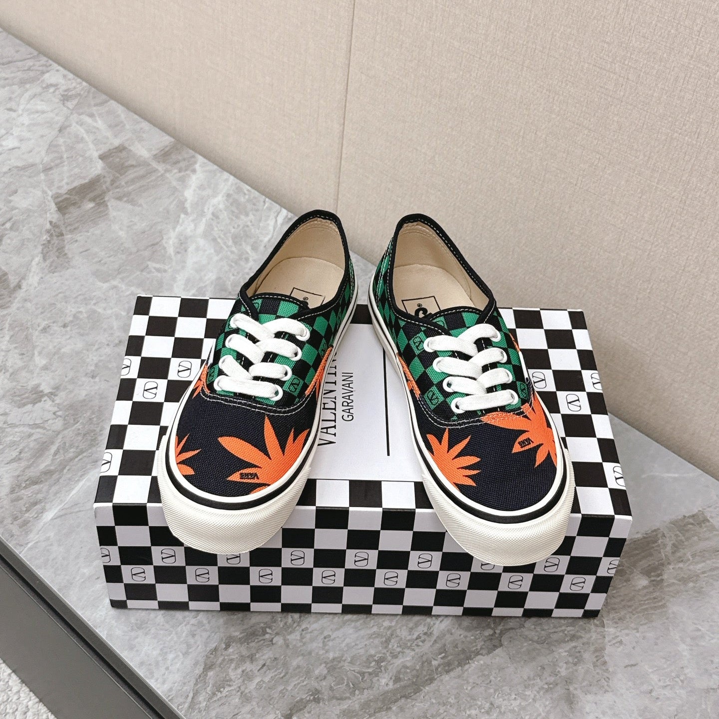 VALENTINO 25S GARAVANI X VANS SNEAKERS IN GREEN MIX BLACK CANVAS - 35
