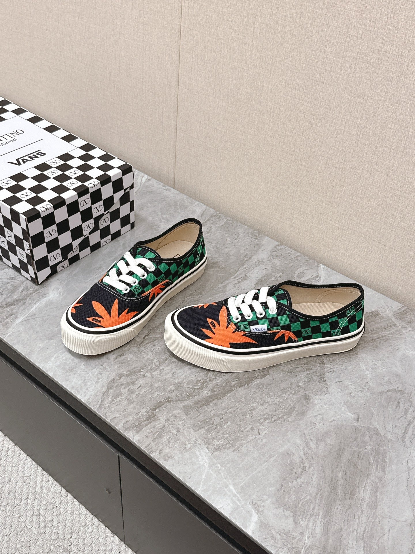 VALENTINO 25S GARAVANI X VANS SNEAKERS IN GREEN MIX BLACK CANVAS - 35