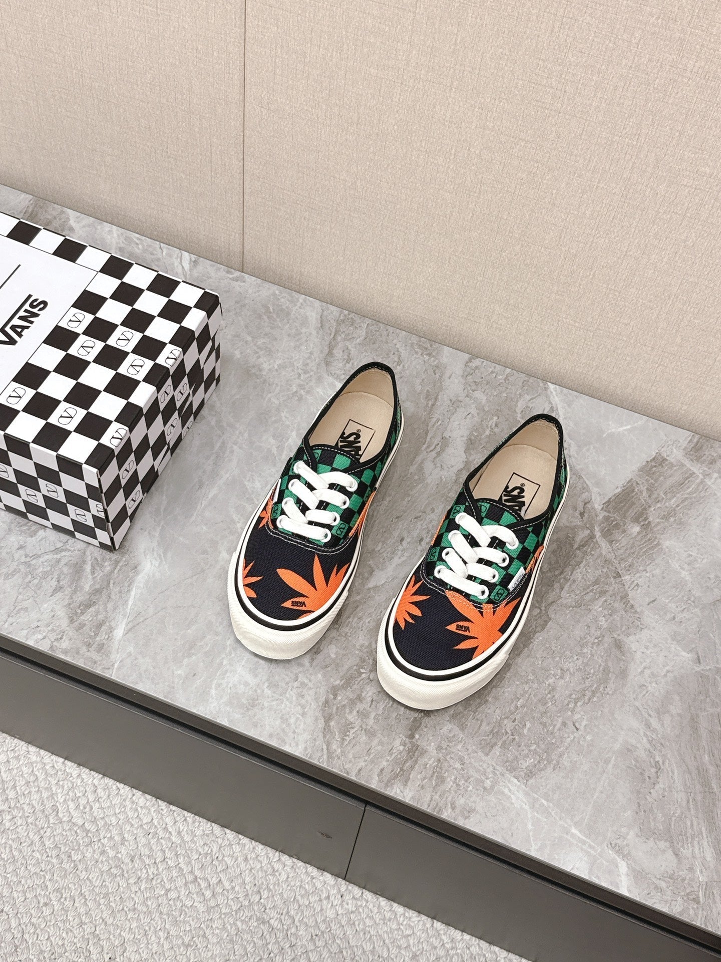 VALENTINO 25S GARAVANI X VANS SNEAKERS IN GREEN MIX BLACK CANVAS - 35