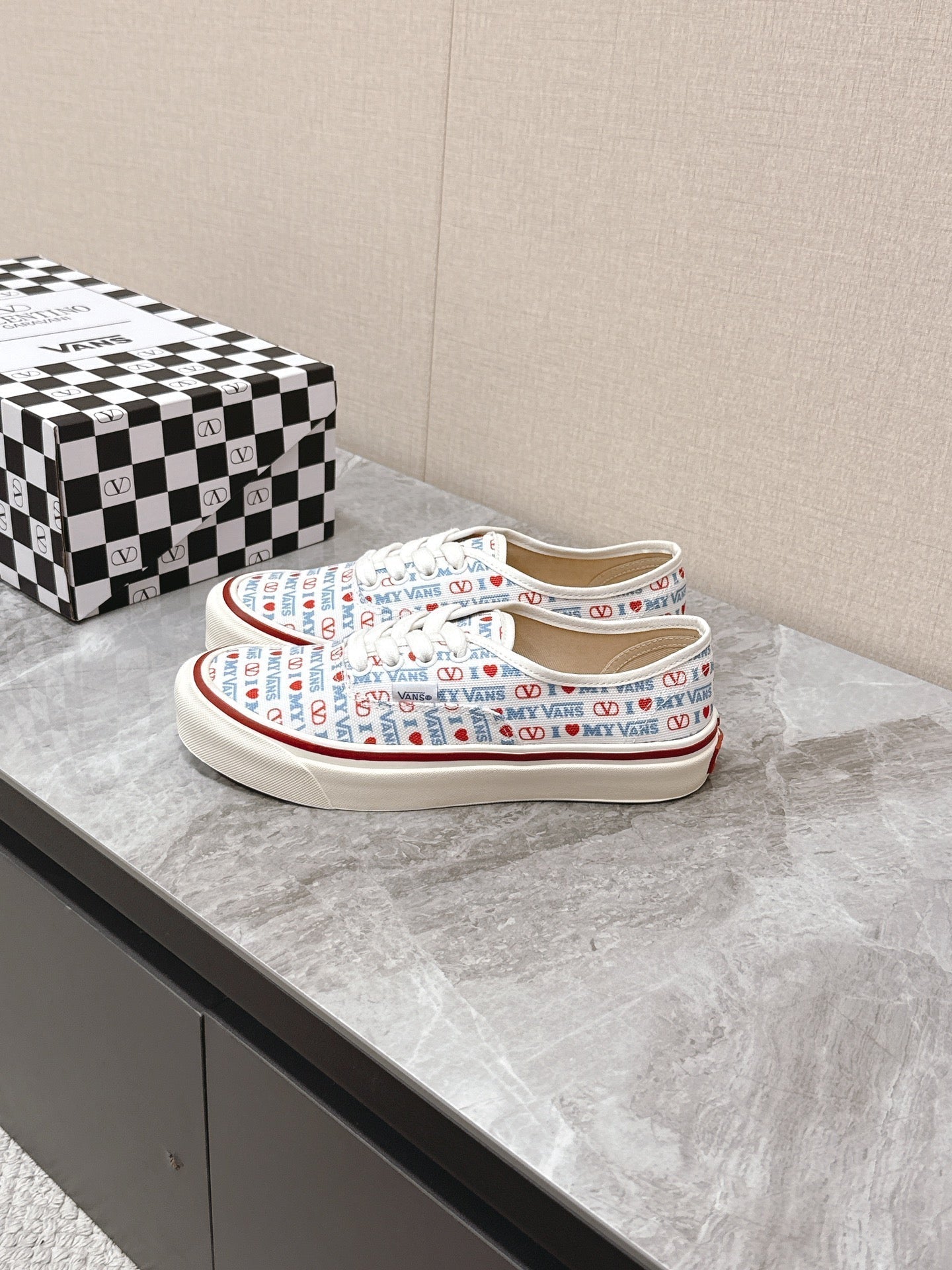 VALENTINO 25S GARAVANI X VANS SNEAKERS IN WHITE MIX BLUE CANVAS - 35