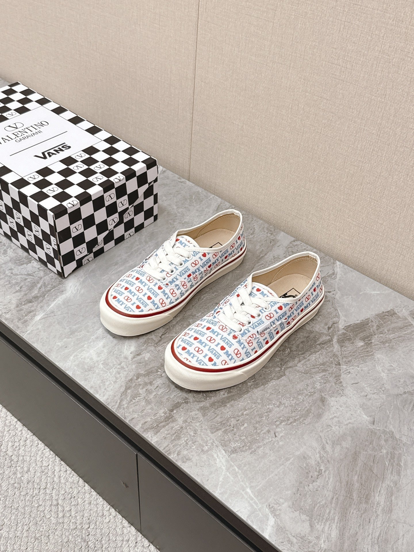 VALENTINO 25S GARAVANI X VANS SNEAKERS IN WHITE MIX BLUE CANVAS - 35