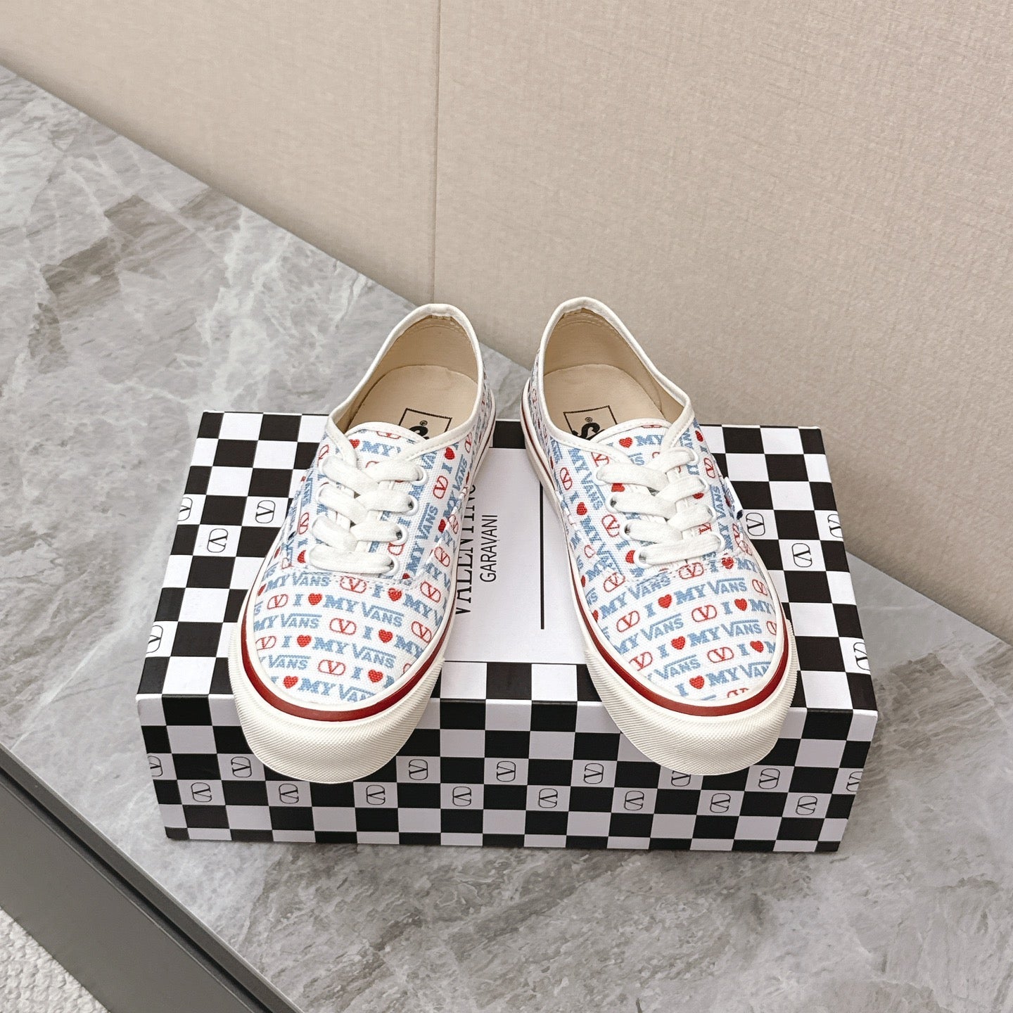 VALENTINO 25S GARAVANI X VANS SNEAKERS IN WHITE MIX BLUE CANVAS - 35