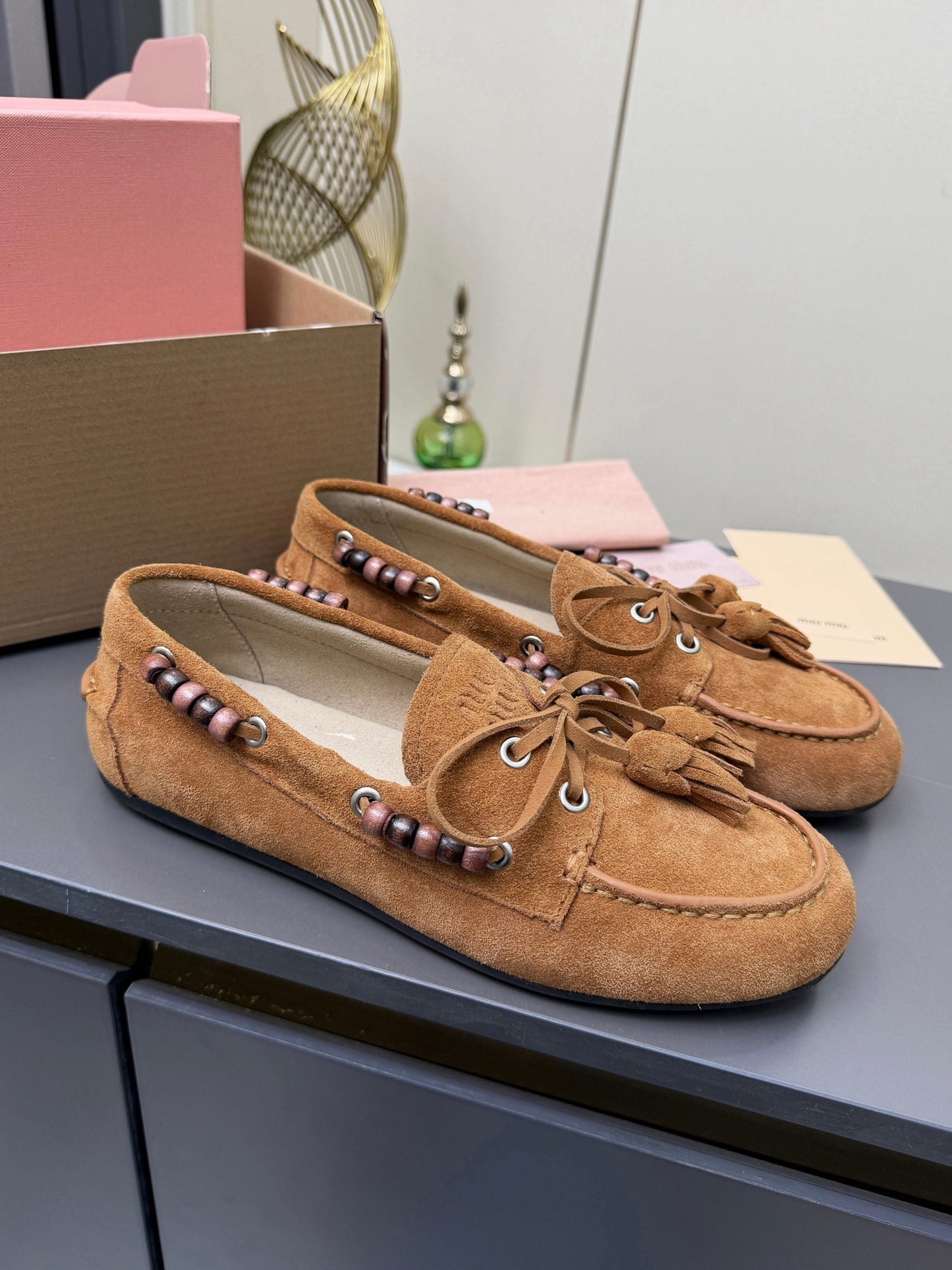 MIUMIU 26S TASSEL LOAFERS IN CARAMEL BROWN SUEDE BEADED TRIM