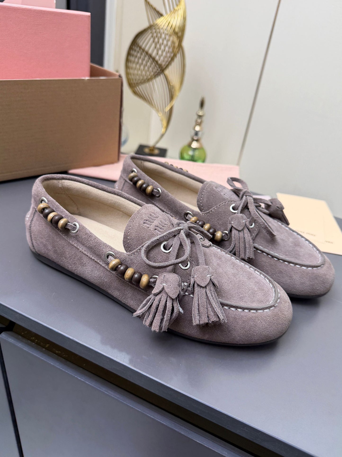 MIUMIU 26S TASSEL LOAFERS IN TAUPE BROWN SUEDE BEADED TRIM
