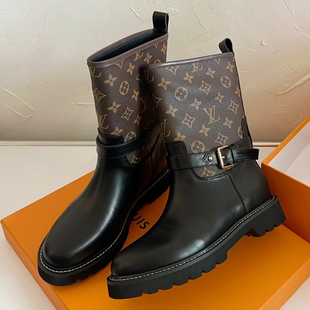 TERRITORY FLAT ANKLE BOOT IN BLACK MIX CHOCOLATE BROWN MONOGRAM CALFSKIN - 35