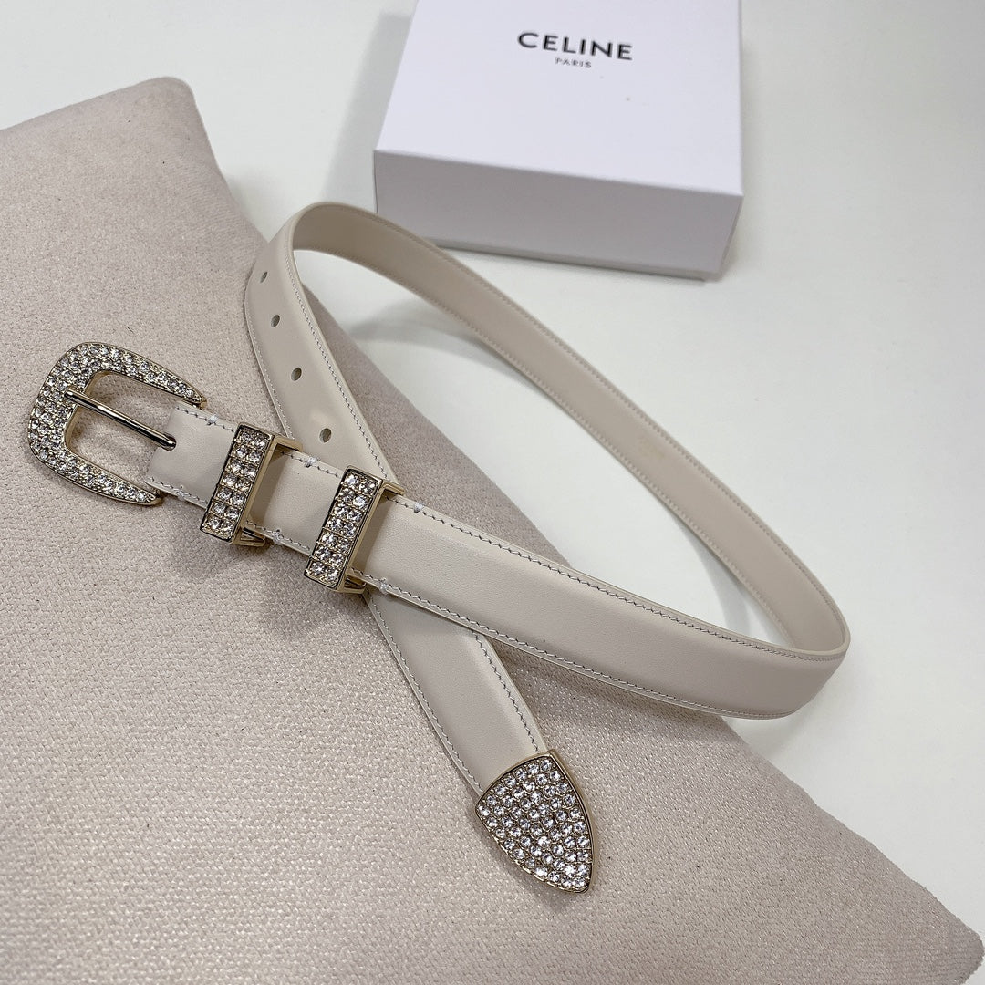 CL 25 MM MARCO BELT WITH STRASS IN WHTE CALFSKIN GOLD HARDWARE - 30