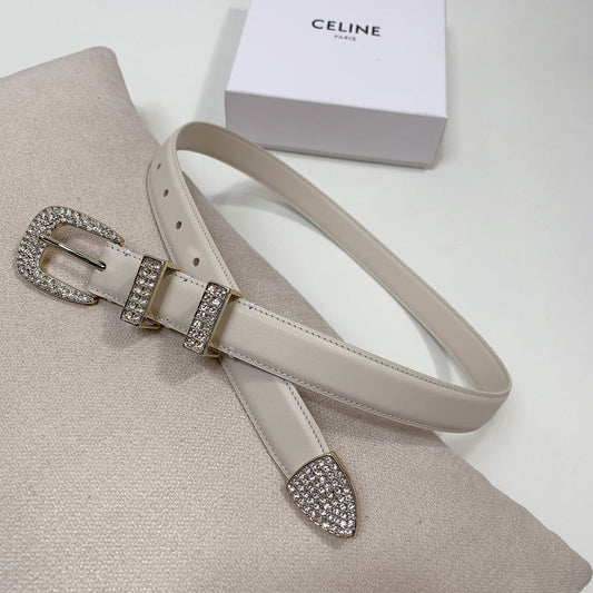 CL 25 MM MARCO BELT WITH STRASS IN WHTE CALFSKIN GOLD HARDWARE - 30