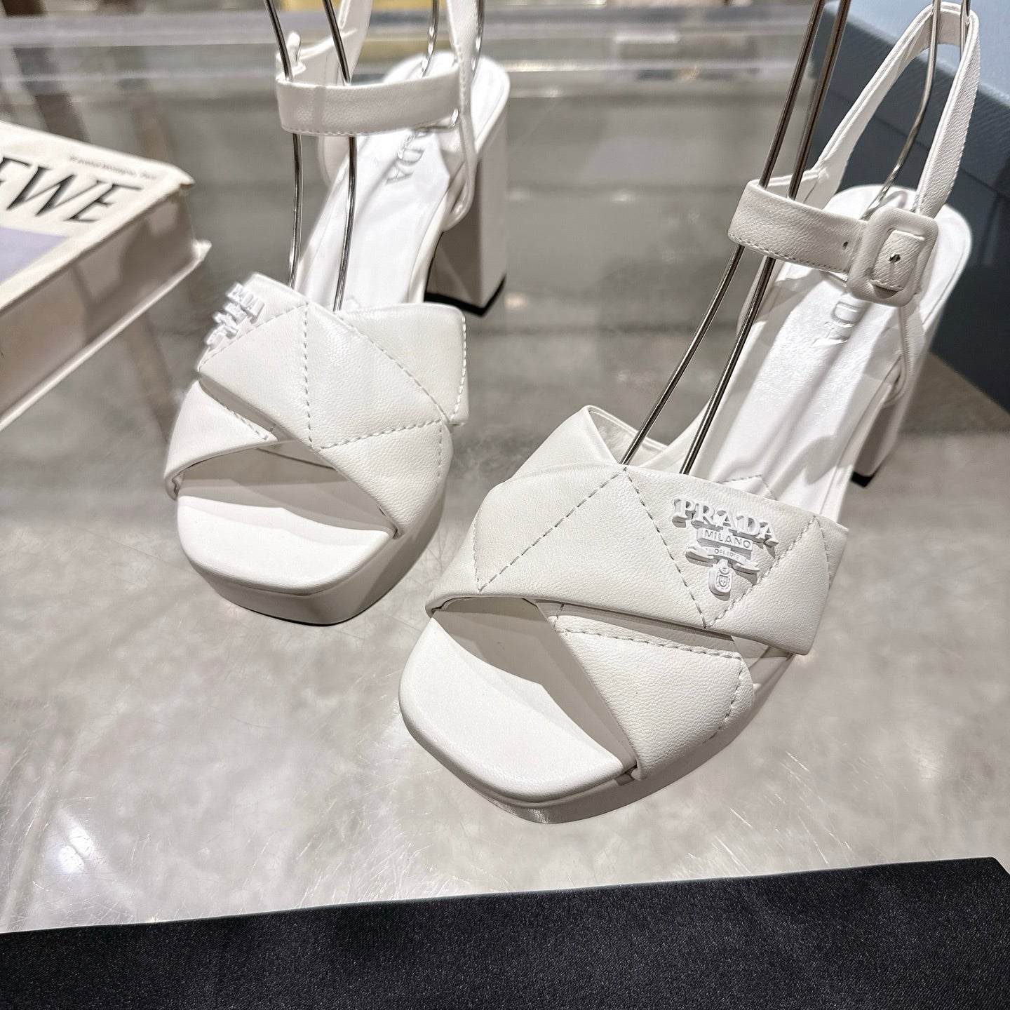 PRADA 25S HIGH-HEEL SANDALS 85 MM IN WHITE LAMBSKIN - 35