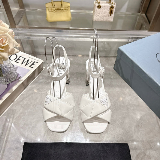 PRADA 25S HIGH-HEEL SANDALS 85 MM IN WHITE LAMBSKIN - 35