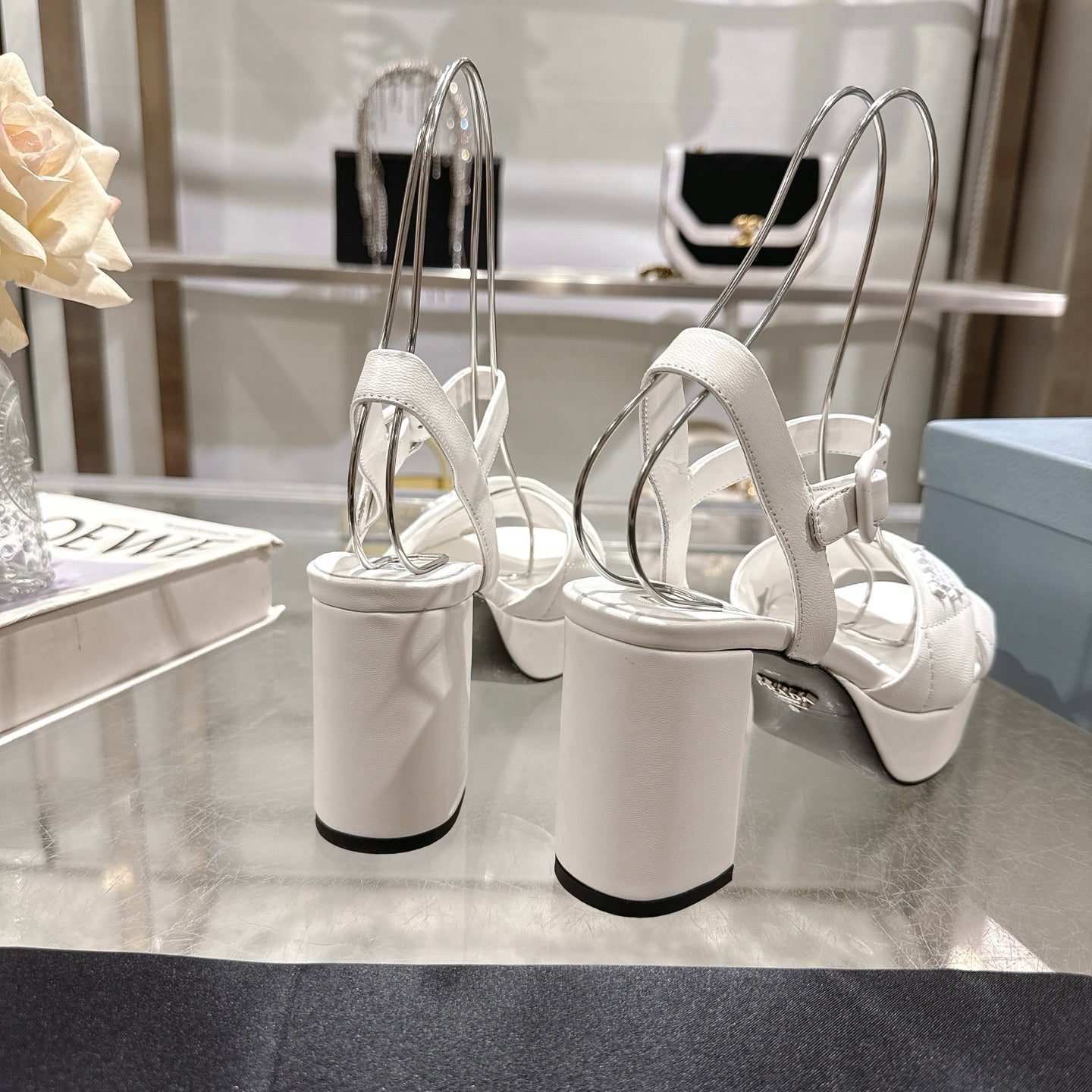 PRADA 25S HIGH-HEEL SANDALS 85 MM IN WHITE LAMBSKIN - 35