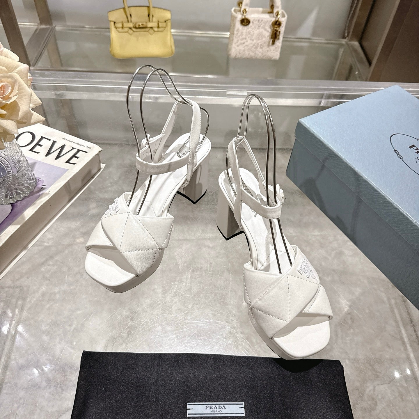 PRADA 25S HIGH-HEEL SANDALS 85 MM IN WHITE LAMBSKIN - 35