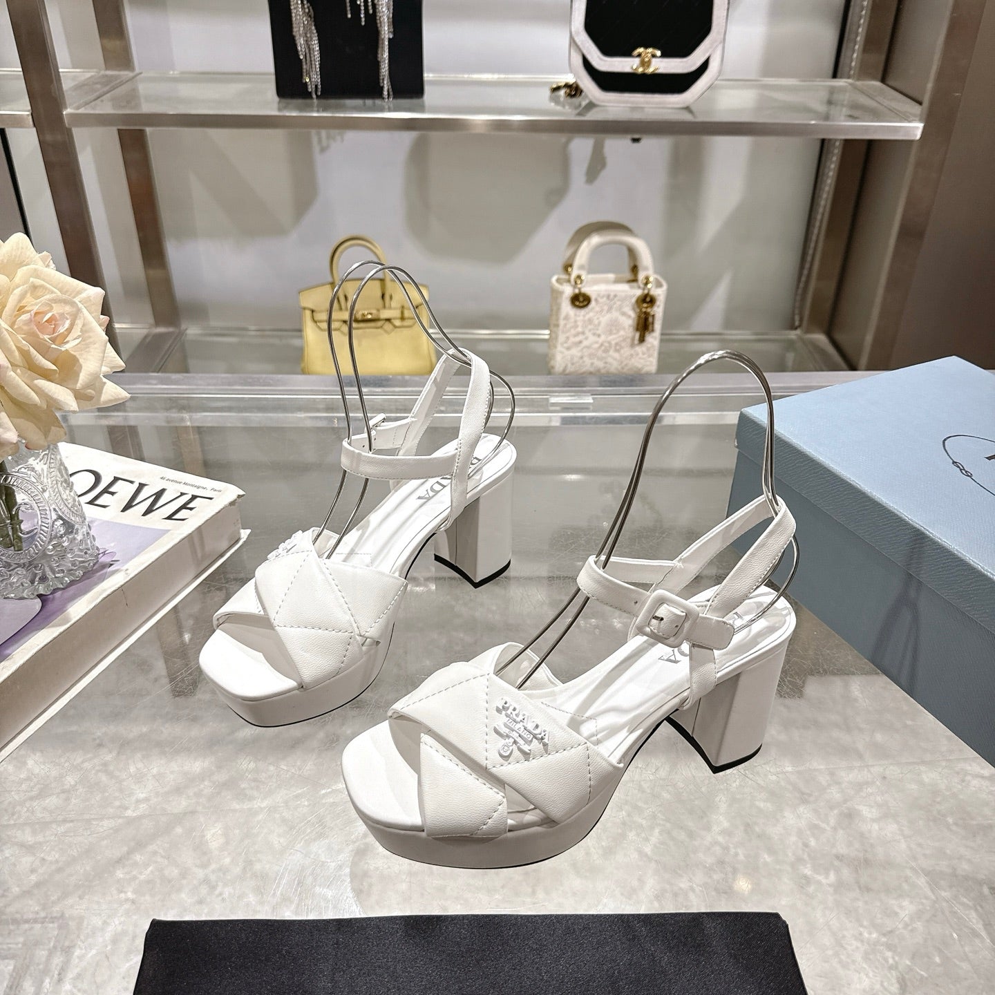 PRADA 25S HIGH-HEEL SANDALS 85 MM IN WHITE LAMBSKIN - 35