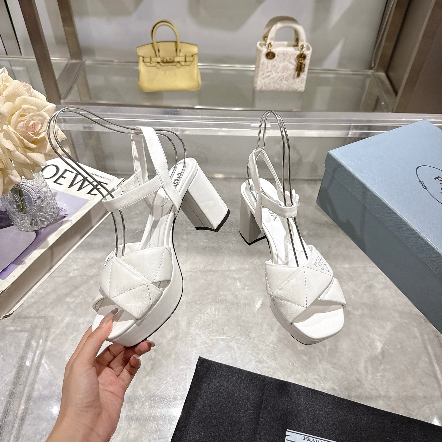 PRADA 25S HIGH-HEEL SANDALS 85 MM IN WHITE LAMBSKIN - 35