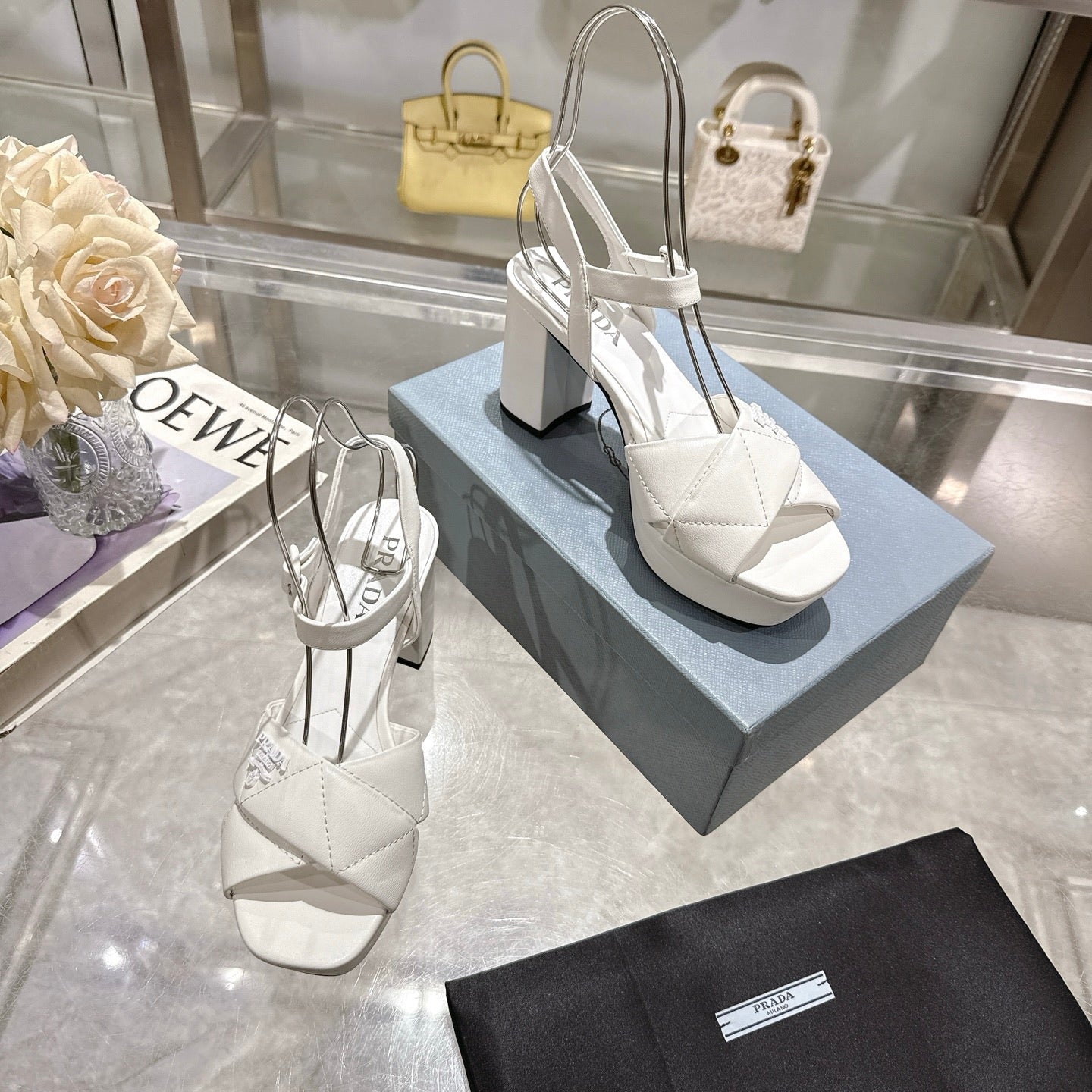 PRADA 25S HIGH-HEEL SANDALS 85 MM IN WHITE LAMBSKIN - 35