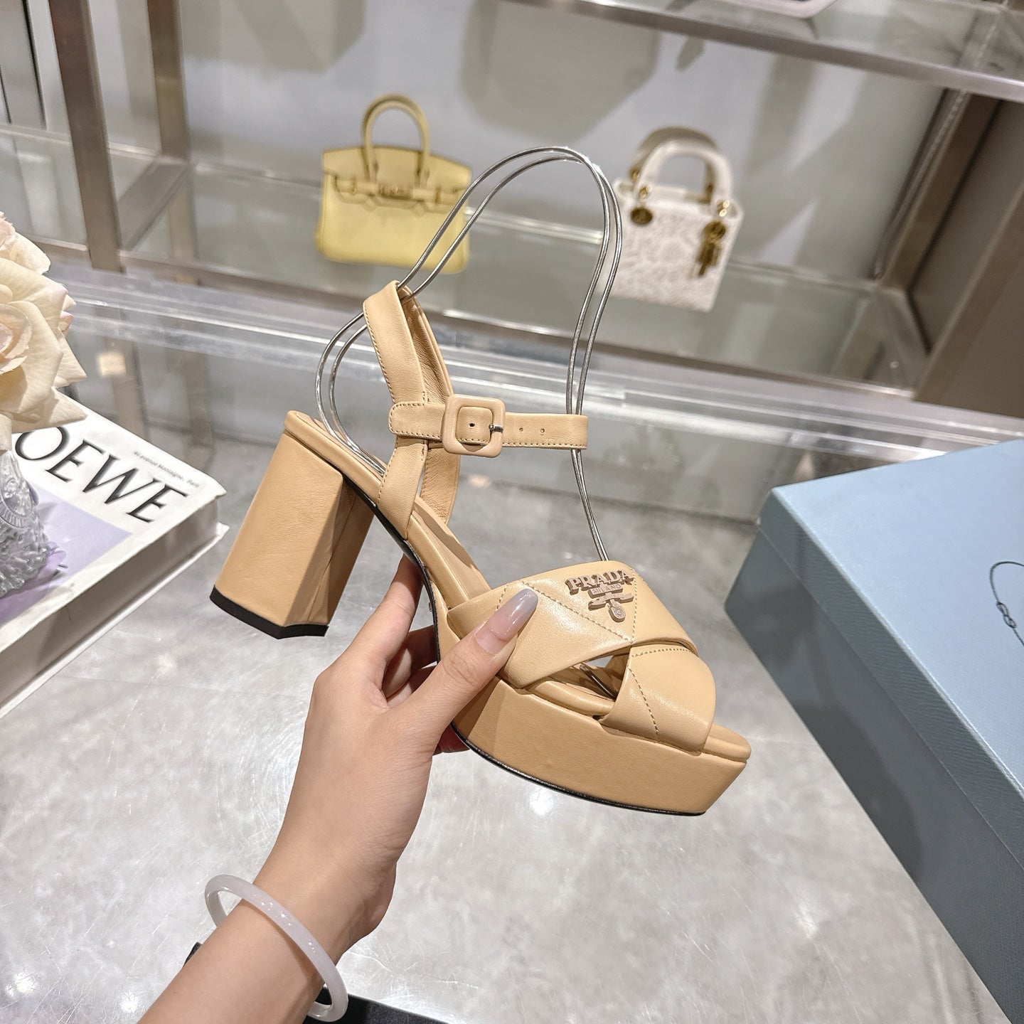 PRADA 25S HIGH-HEEL SANDALS 85 MM IN LIGHT WARM BEIGE LAMBSKIN - 35