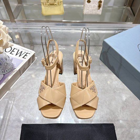 PRADA 25S HIGH-HEEL SANDALS 85 MM IN LIGHT WARM BEIGE LAMBSKIN - 35