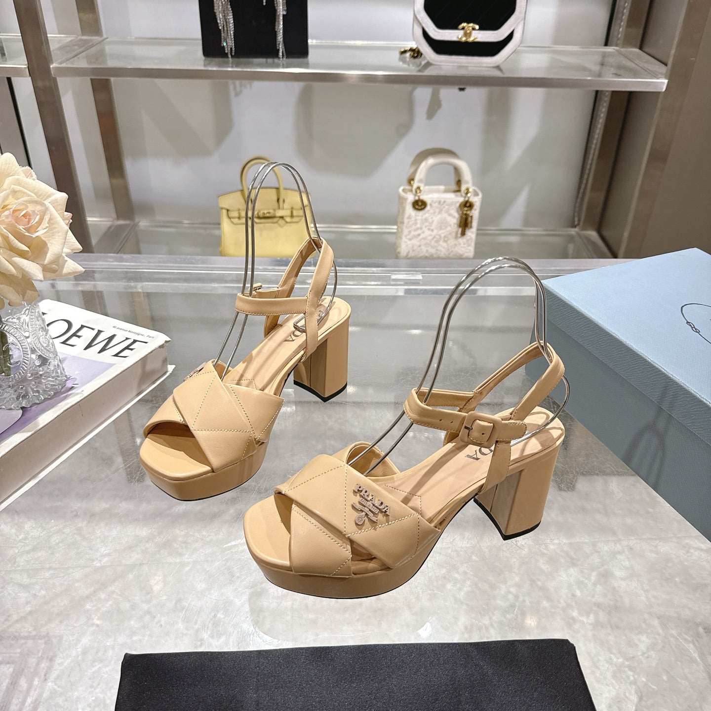 PRADA 25S HIGH-HEEL SANDALS 85 MM IN LIGHT WARM BEIGE LAMBSKIN - 35