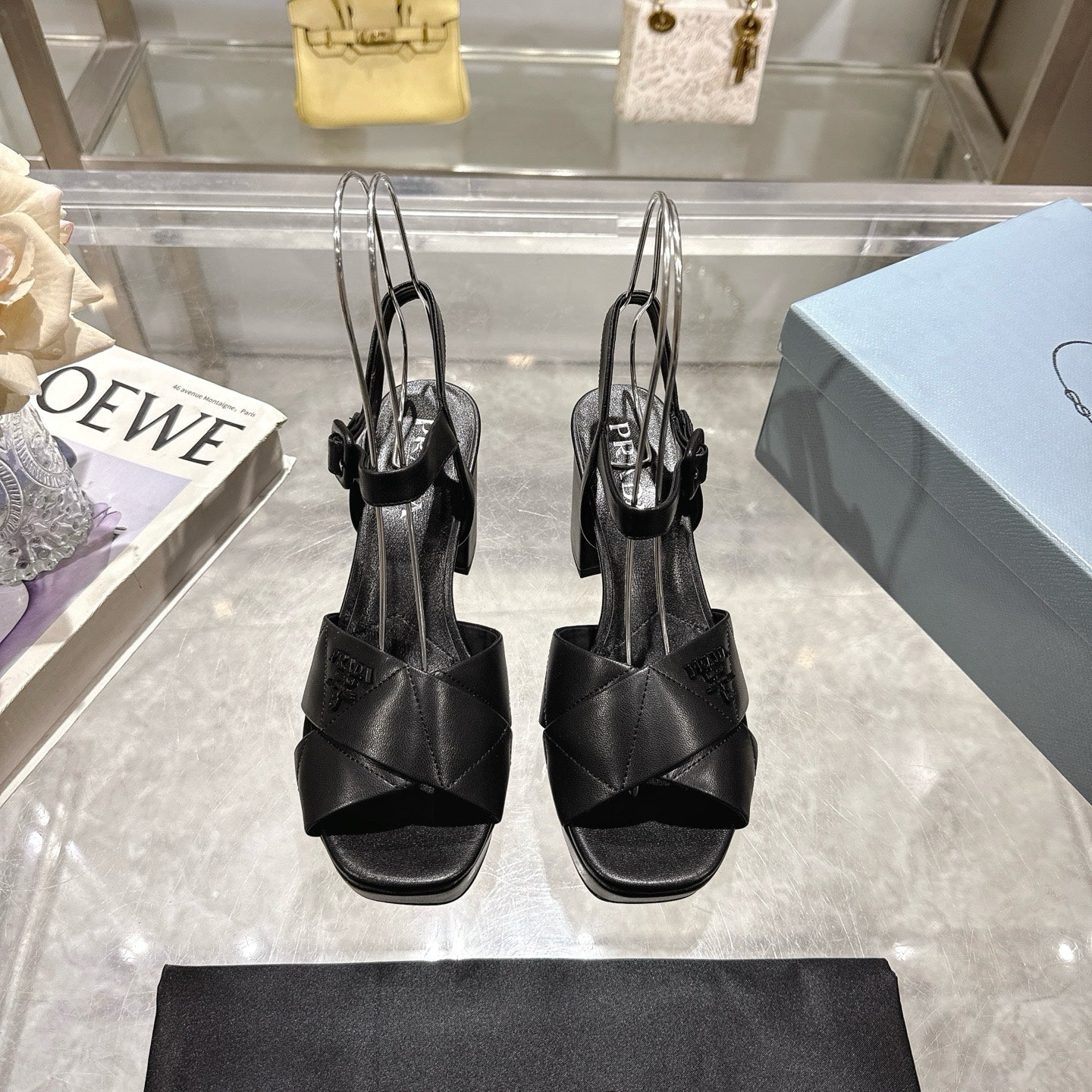 PRADA 25S HIGH-HEEL SANDALS 85 MM IN BLACK LAMBSKIN - 35