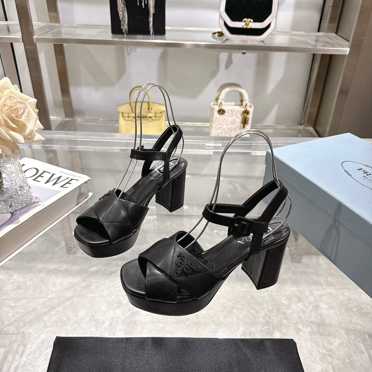 PRADA 25S HIGH-HEEL SANDALS 85 MM IN BLACK LAMBSKIN - 35