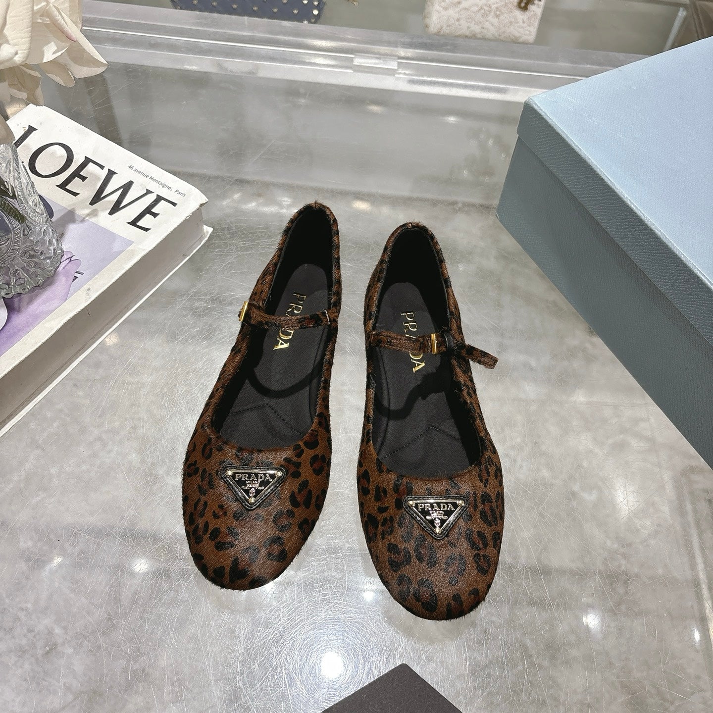 PRADA 25S MARY JANE BALLETS IN BLACK MIX BROWN HORSEHAIR FABRIC - 35