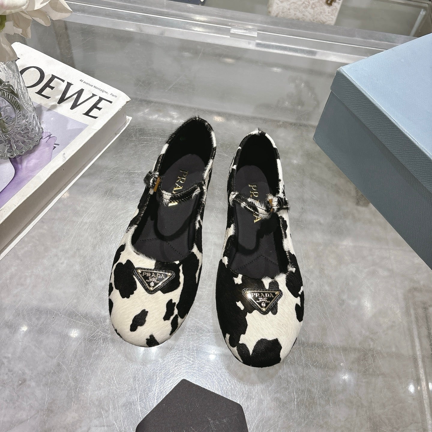 PRADA 25S MARY JANE BALLETS IN BLACK MIX CREAM WHITE HORSEHAIR FABRIC - 35