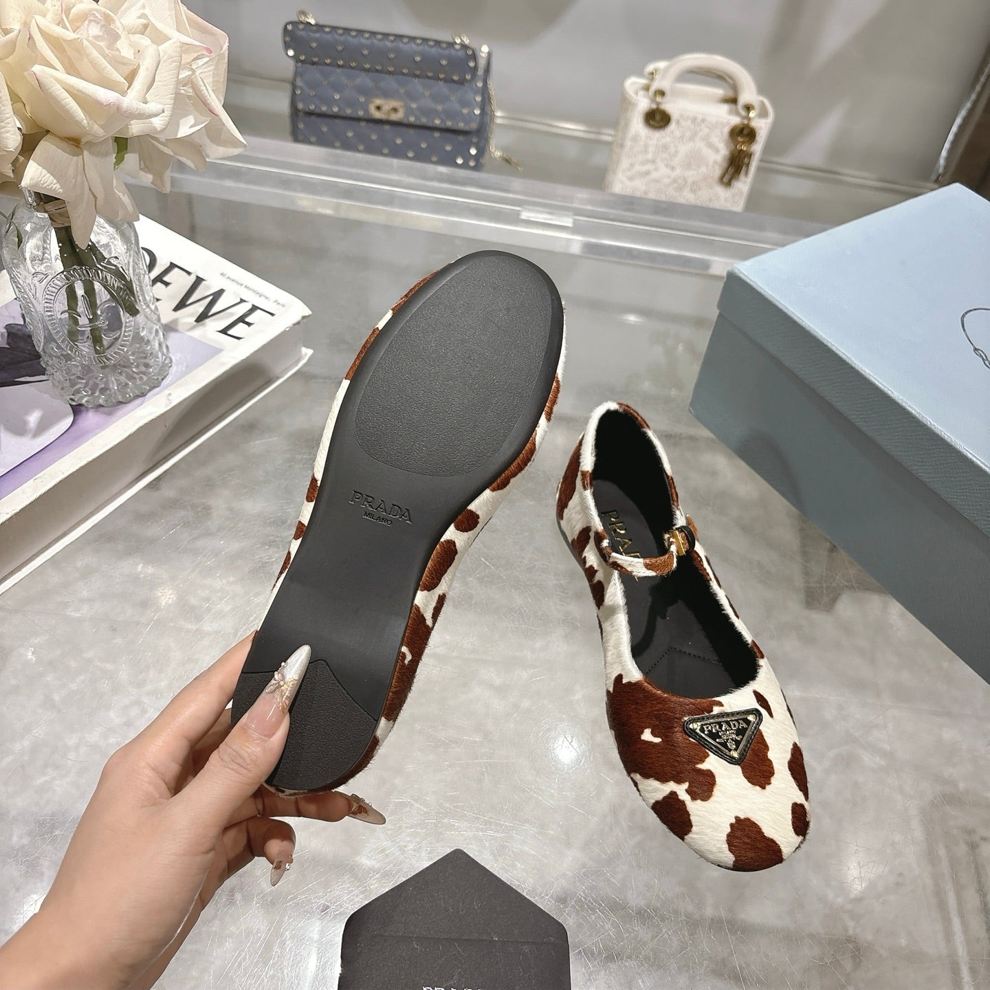 PRADA 25S MARY JANE BALLETS IN BROWN MIX CREAM WHITE HORSEHAIR FABRIC - 35