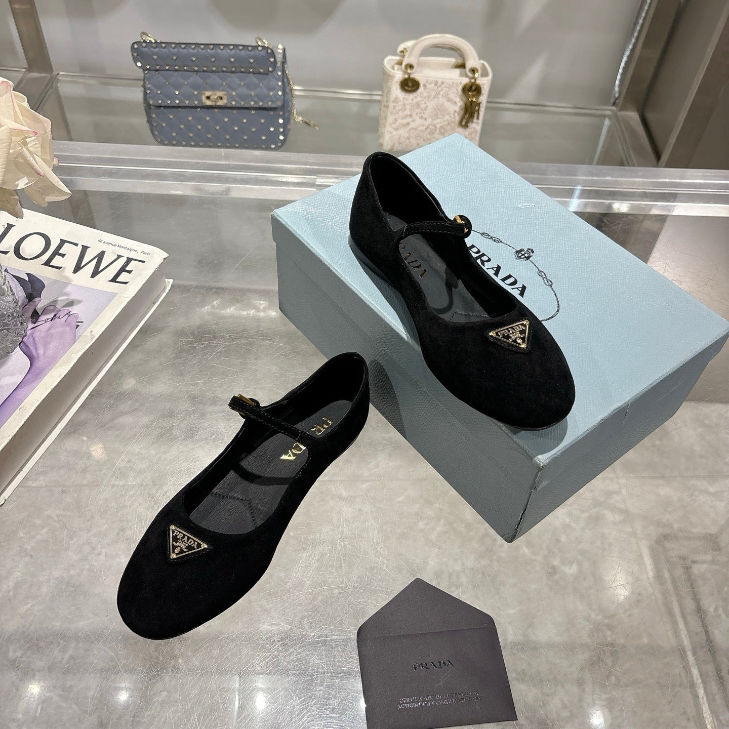 PRADA 25S MARY JANE BALLETS IN BLACK SUEDE - 35