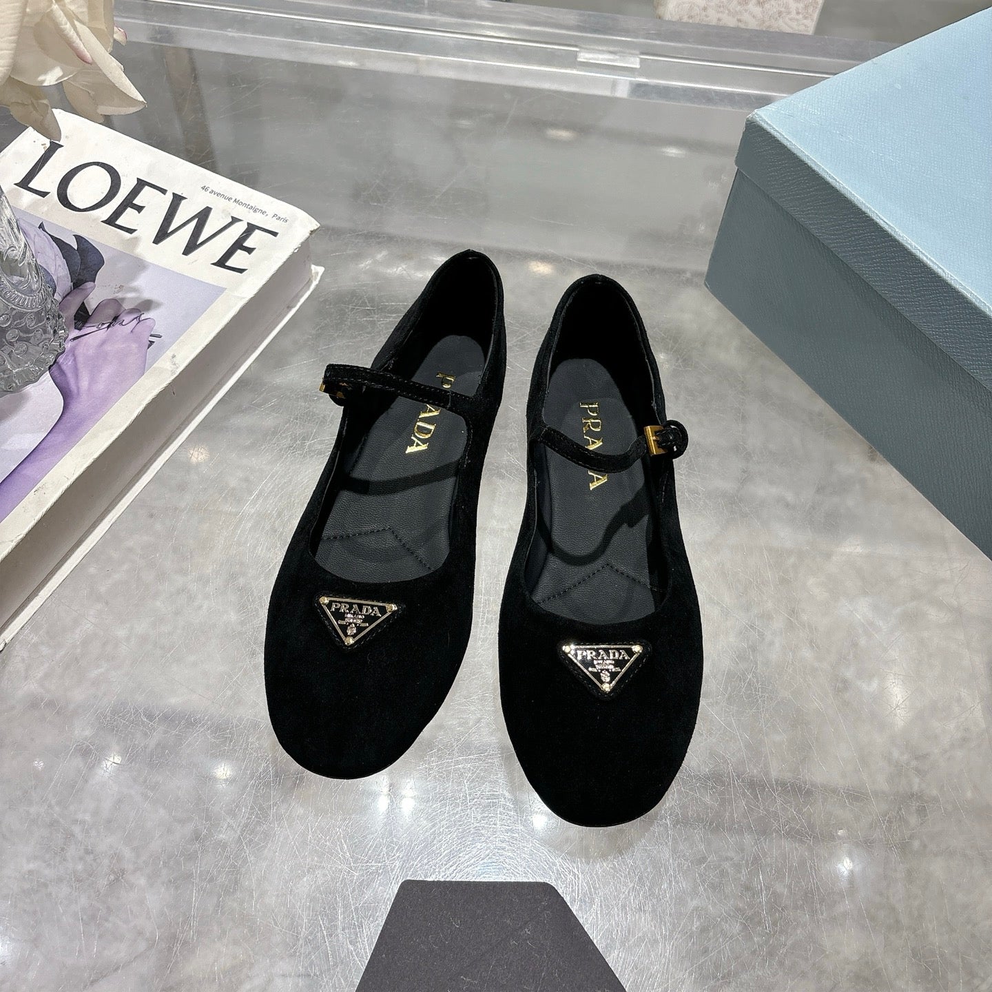 PRADA 25S MARY JANE BALLETS IN BLACK SUEDE - 35