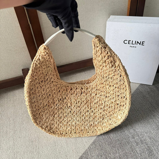 СУМКА-ХОБО CELINE PANIER 33 З РАФІЇ ТА ТЕЛЯЧОЇ ШКІРИ, БІЛА, З ЛОГОТИПОМ