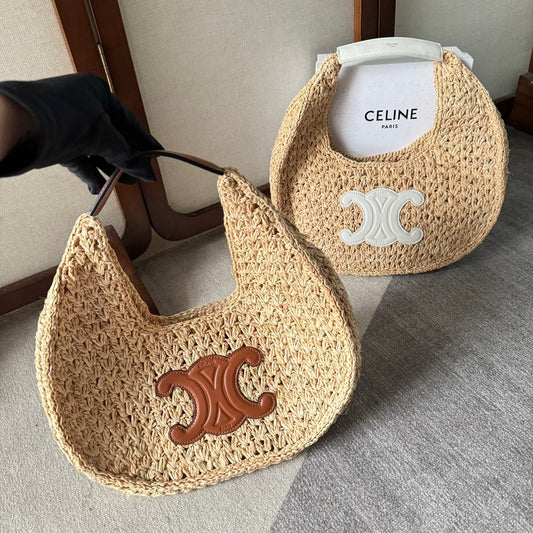 СУМКА-ХОБО CELINE PANIER 33 З РАФІЇ ТА ТЕЛЯЧОЇ ШКІРИ, З ЛОГОТИПОМ, КОРИЧНЕВА