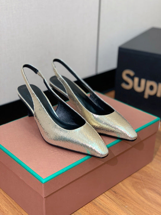 LP POINTED TOE MID-HEEL SLINGBACK METALLIC GOLD CALFSKIN - 35