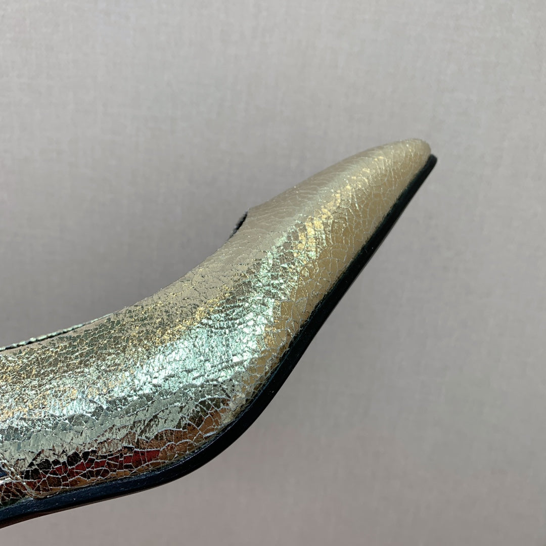 LP POINTED TOE MID-HEEL SLINGBACK METALLIC GOLD CALFSKIN - 35