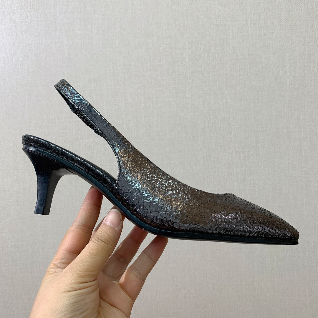 LP POINTED TOE MID-HEEL SLINGBACK DARK BROWN CALFSKIN - 35
