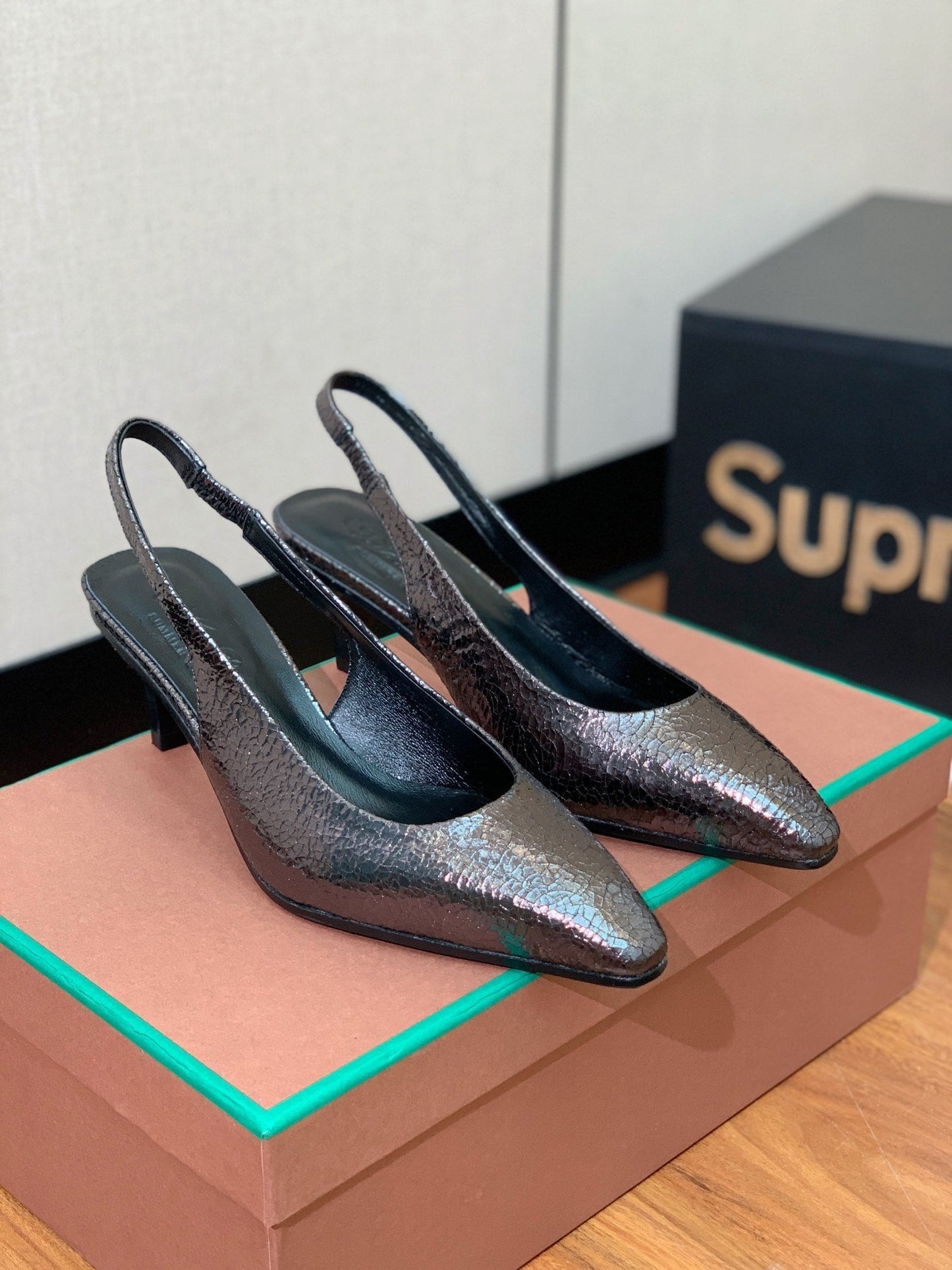 LP POINTED TOE MID-HEEL SLINGBACK DARK BROWN CALFSKIN - 35