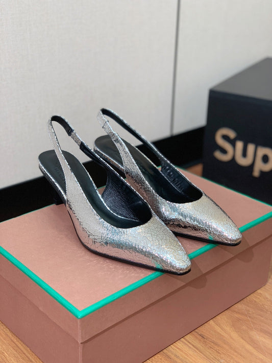 LP POINTED TOE MID-HEEL SLINGBACK SILVER CALFSKIN - 35