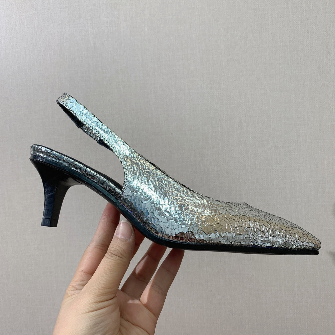 LP POINTED TOE MID-HEEL SLINGBACK SILVER CALFSKIN - 35
