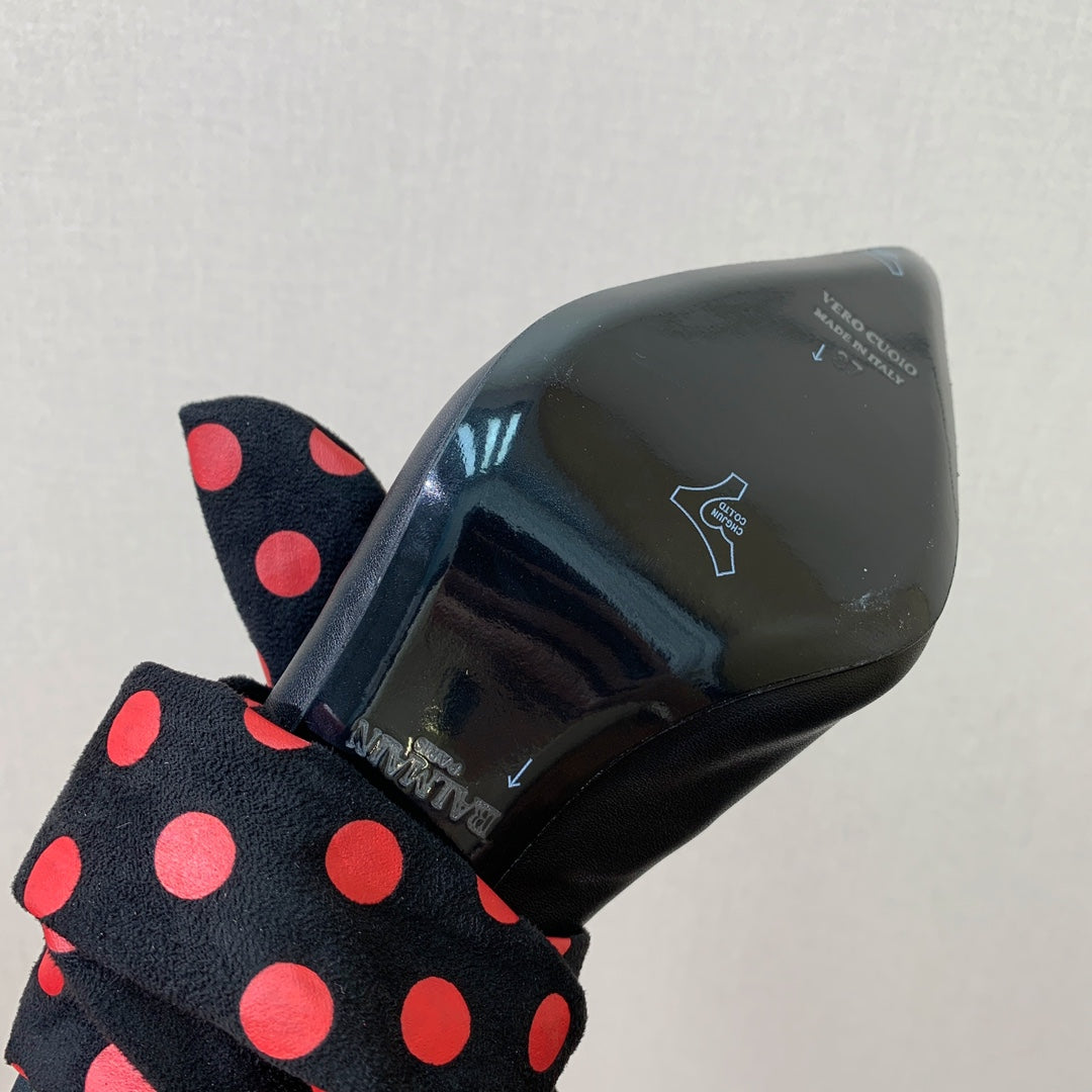 BALMAIN 25S BAKARI MULE WITH RED POLKA DOTS ON BLACK STRAP 95MM IN BLACK CALFSKIN - 36