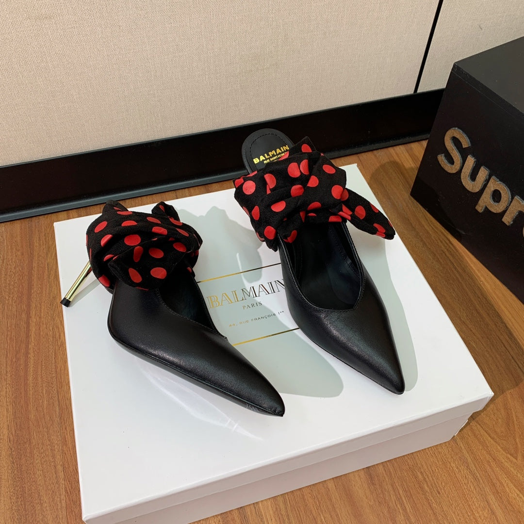 BALMAIN 25S BAKARI MULE WITH RED POLKA DOTS ON BLACK STRAP 95MM IN BLACK CALFSKIN - 36